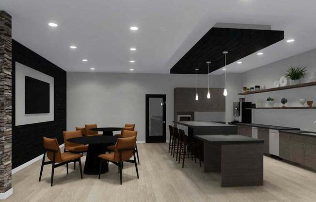 A modern kitchen with a dining table and chairs.