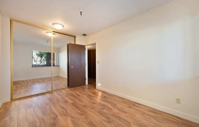 an empty living room with a mirror and a closet