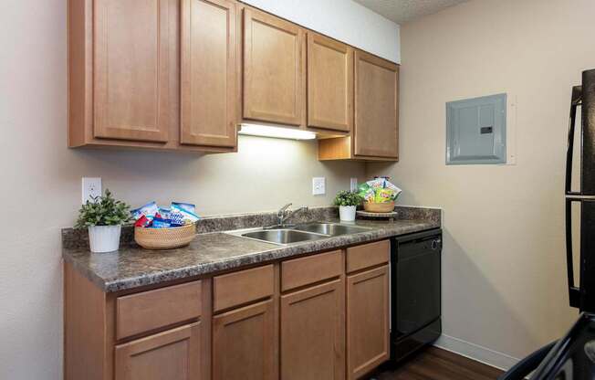 our apartments have a kitchen with a black refrigerator and a sink