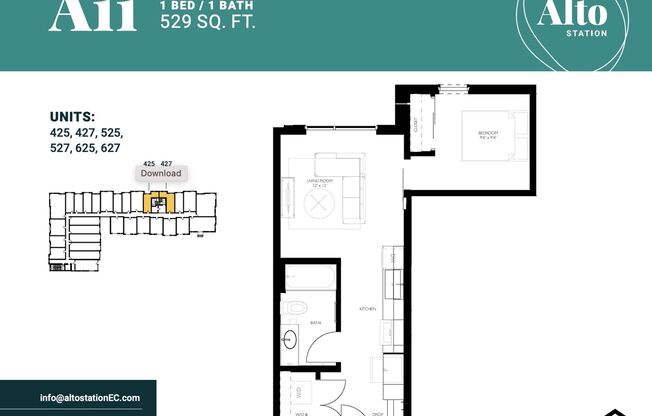 1 bed, 1 bath, 529 sqft, $1,350, Unit 425