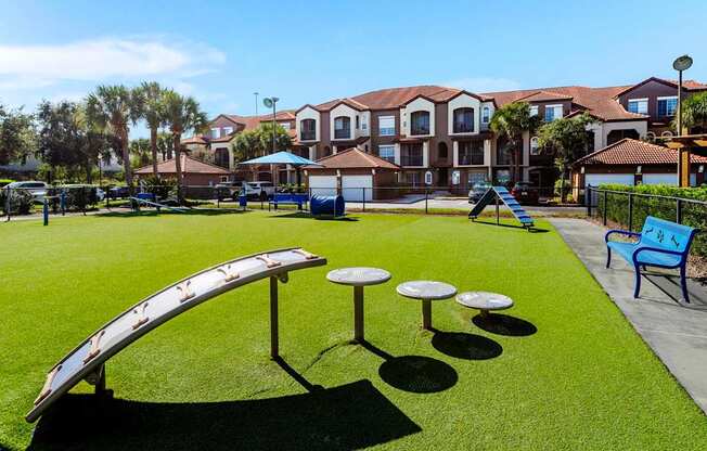 Gated dog park with agility ramps, tunnels and benches