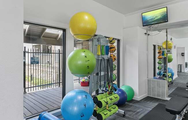 a workout room with weights and balls and a television at Lakeside Apartments, Dallas, TX