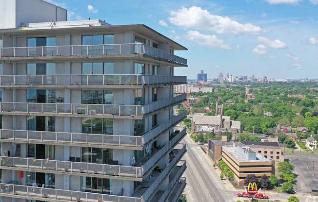 Exterior of the Jefferson. The building sits on Jefferson Ave in Detroit. The building has balconies on each floor.