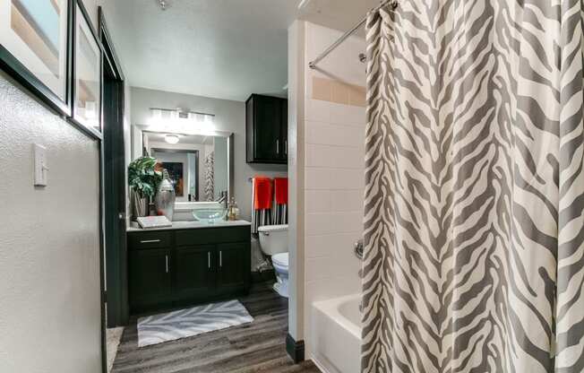 a bathroom with a shower curtain and a toilet and sink