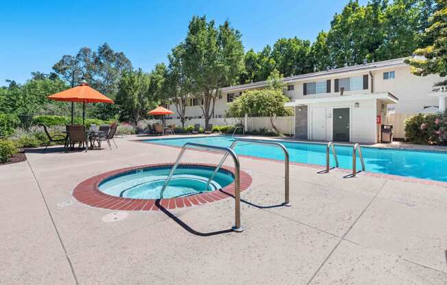 Two Bedroom Apartments in San Jose CA - Los Gatos Creek - Pool and Spa with Covered Seating Areas and Lush Landscaping