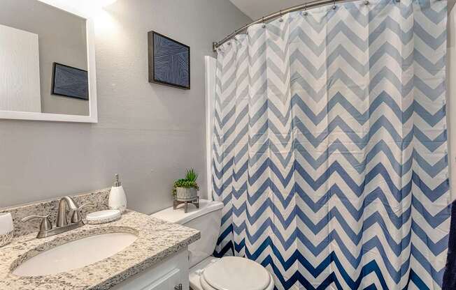 A bathroom with a sink, toilet, and a shower curtain with a chevron pattern.