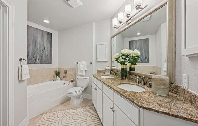 Model master bathroom with a toilet, sink, and a large mirror at Dominion Post Oak apartments in Houston, TX