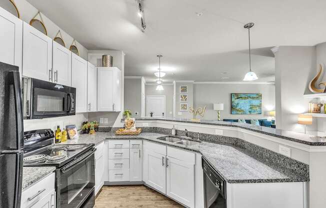 Kitchen with white cabinets and black appliances at Sterling Creek at Richmond Hill, Georgia 