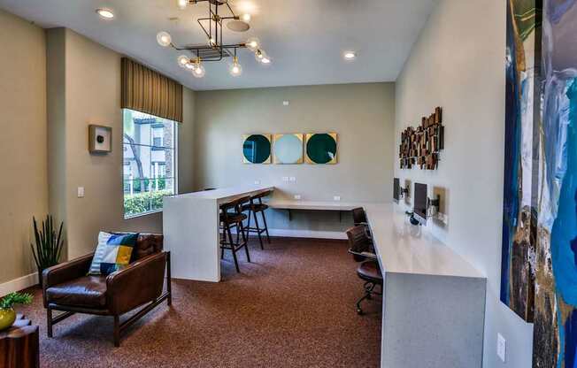 A room with a brown carpet and a brown leather chair.