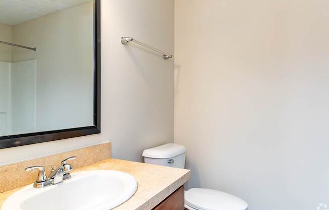 A bathroom with a toilet, sink, and mirror.