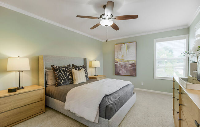 Bedroom With Ceiling Fan at Prairie Pines Townhomes, Kansas