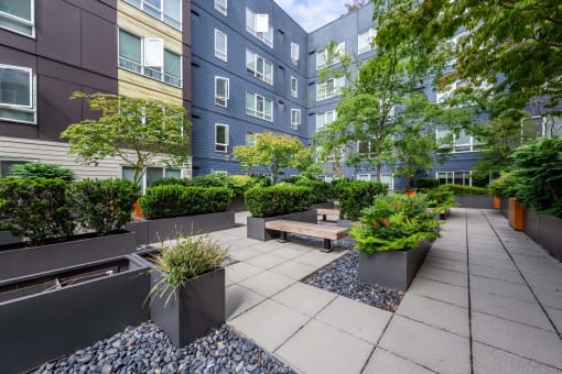 an outdoor courtyard with benches and plants in front of an apartment building