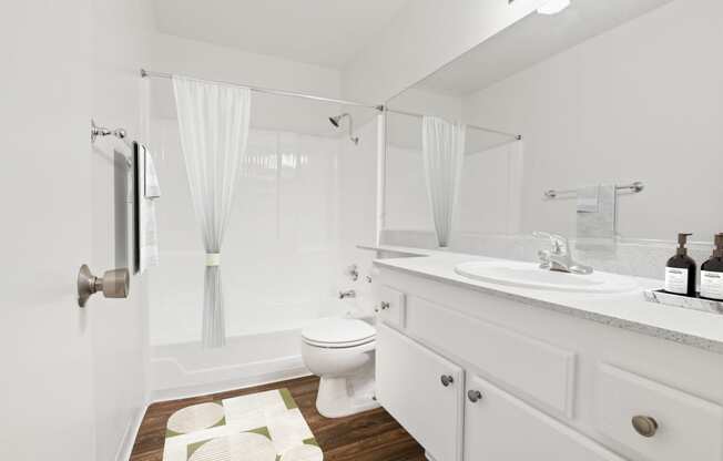 a bathroom with a shower toilet and sink