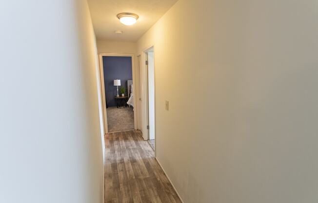 This is a photo of the hallway in the 705 square foot 2 bedroom, 1 bath apartment at Lisa Ridge Apartments in the Westwood neighborhood of Cincinnati, Ohio.