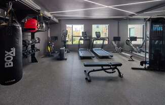 A gym with a punching bag and a bench.