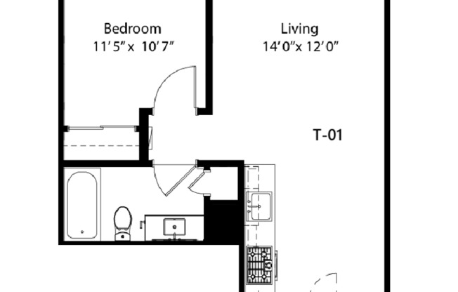 1 bed, 1 bath, 591 sqft, $2,595, Unit T-01