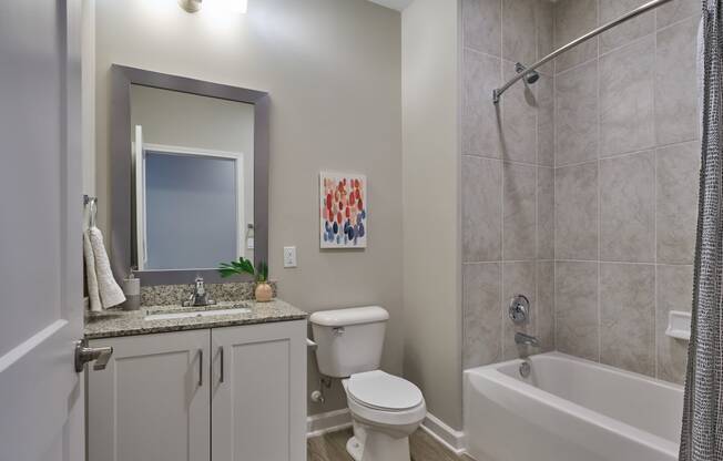 a bathroom with a shower toilet and sink and a mirror