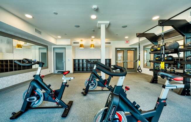 Spin bikes inside the fitness center at The Rey Downtown, Phoenix, AZ