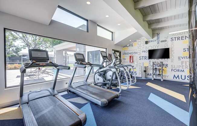 A gym with treadmills and exercise bikes.