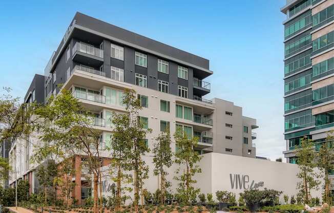 A modern building with the word