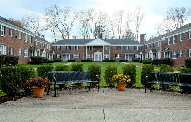 Manicured courtyard with bench seating