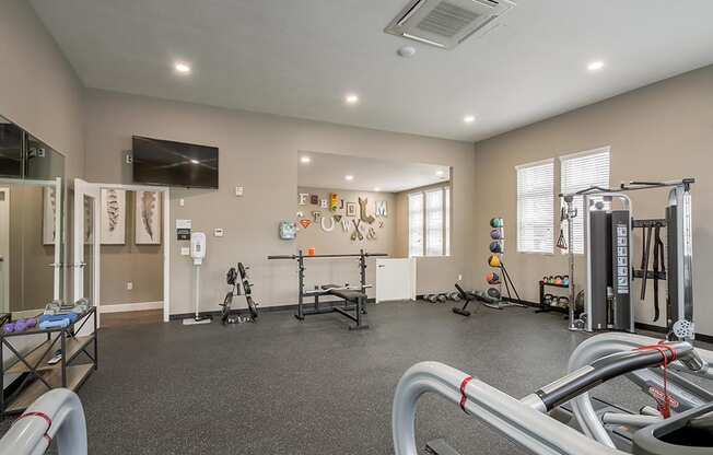 our apartments have a gym with equipment and a flat screen tv
