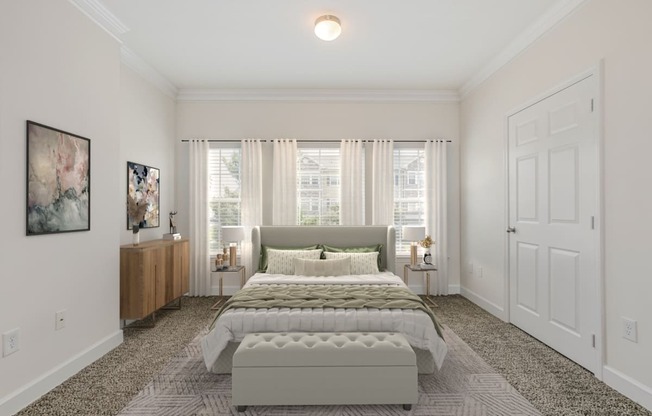 a bedroom with a bed and a large window at Stone Gate Apartments in NC