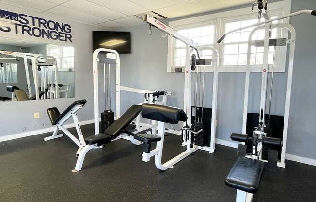 Fitness center with equipment at Barracks West in Charlottesville, VA