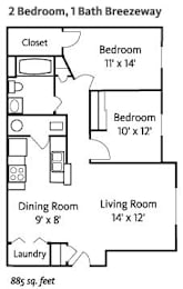 2 beds, 1 bath, 843 sqft, $1,299
