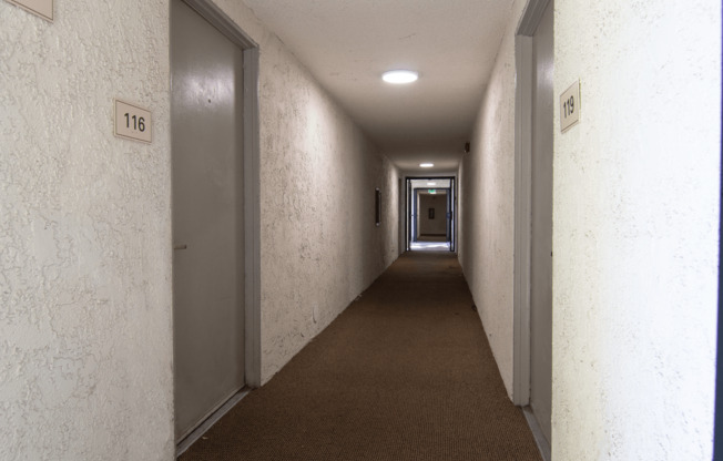 A long hallway with doors on either side and a sign that reads 116.