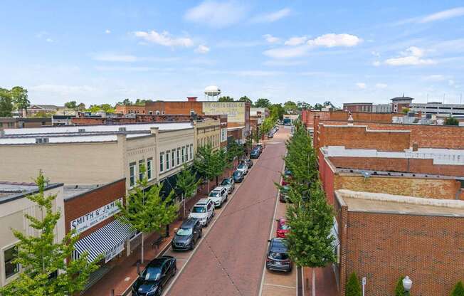 Overhead view of downtown Greer, SC with brick streets
