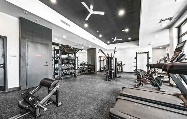 A gym with treadmills, weights, and exercise equipment.