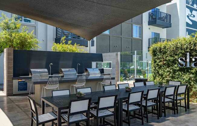 a long dining table with chairs in front of an outdoor kitchen