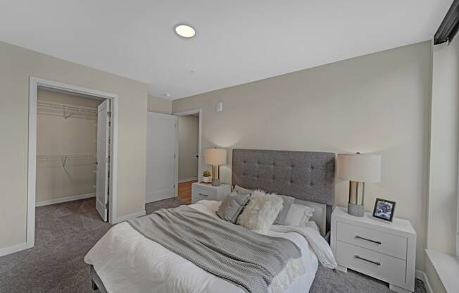 a bedroom with a bed and a closet