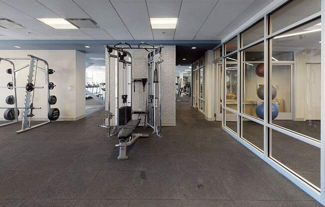 Large fitness center with diverse options at Trillium Apartments, Fairfax, 22031