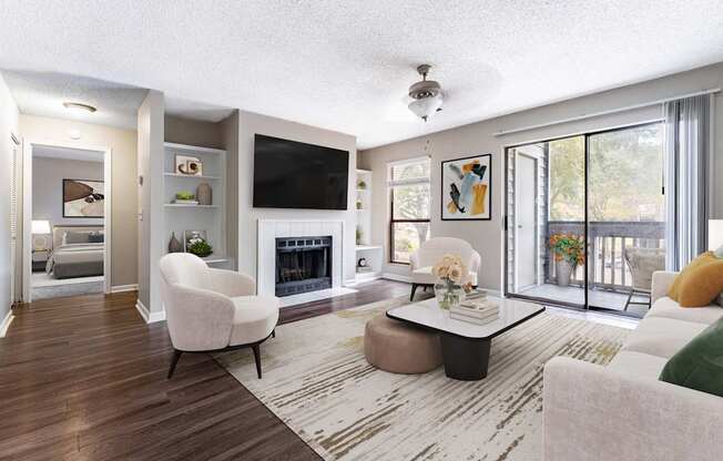 A modern living room with a fireplace and a television.