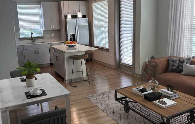 A modern living room with a dining table and a sofa.