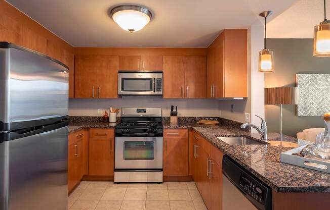 Kitchen with tile flooring and granite countertops