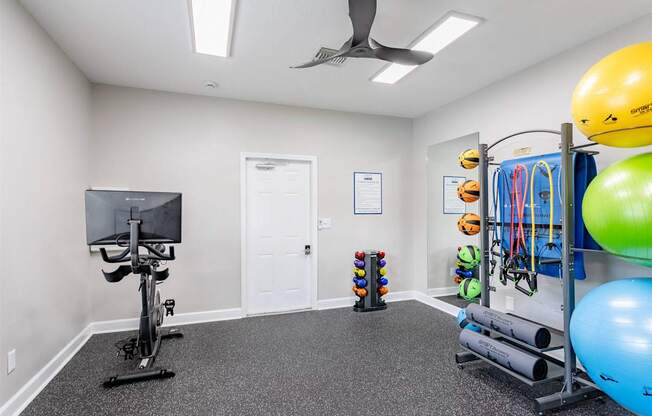 A room with a treadmill, exercise balls, and a fan.