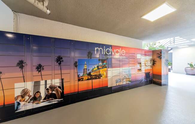 a wall mural in the middle of a hallway with the middle life logo on it