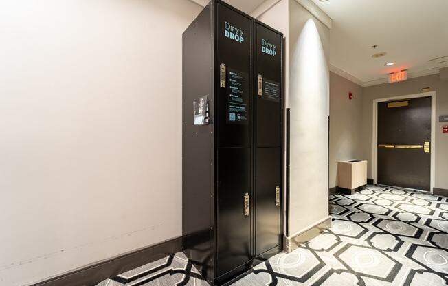 a view of the elevators in the lobby