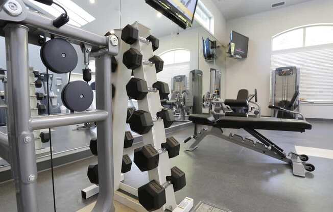 A gym with a variety of equipment including dumbbells and weight plates at Wilsonville Summit Apartments, Wilsonville , OR, 97070