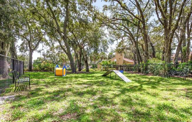 a backyard with a playground and trees