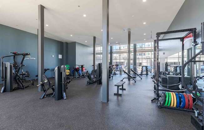 a gym with cardio equipment and weights in a building