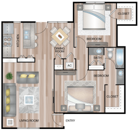 2 beds, 1 bath, 896 sqft, $1,134