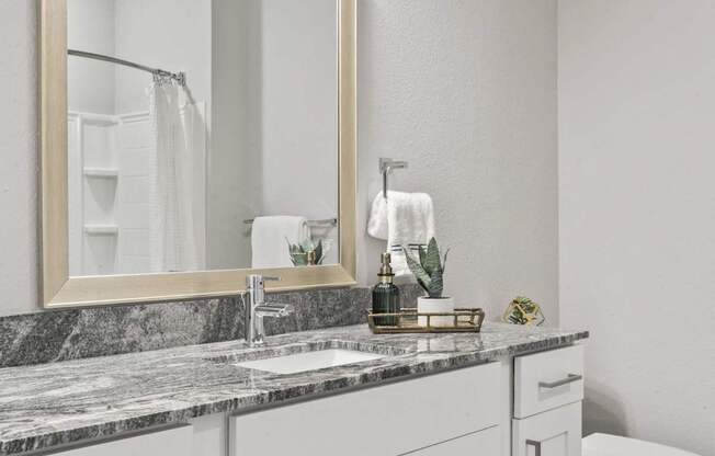 A bathroom with a marble countertop and a large mirror.