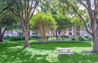 Mature landscaping at Trinity Square Apartments in North Dallas, TX, For Rent. Now leasing 1 and 2 bedroom apartments.