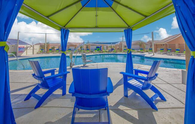 a tent in a blue chair