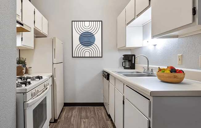 Apartment kitchen with a stove, sink, dishwasher, and cabinets.