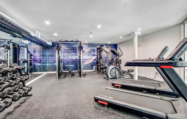 a gym with treadmills and other exercise equipment